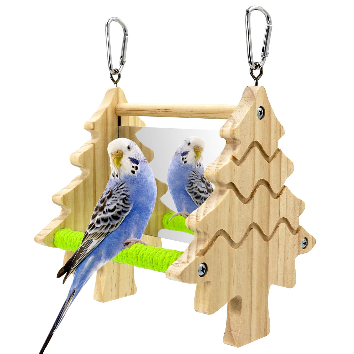 El espejo Jevnd para aves de dos caras estimula curiosidad y juego entre plumíferos.