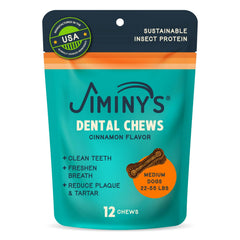 Jiminy’s Dental Chews Canela: frente del envase para sabor y uso diario.