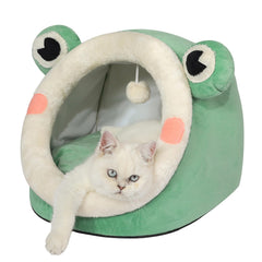 Cama iglú Jiupety de terciopelo verde para gato, confort cálido para descansar.