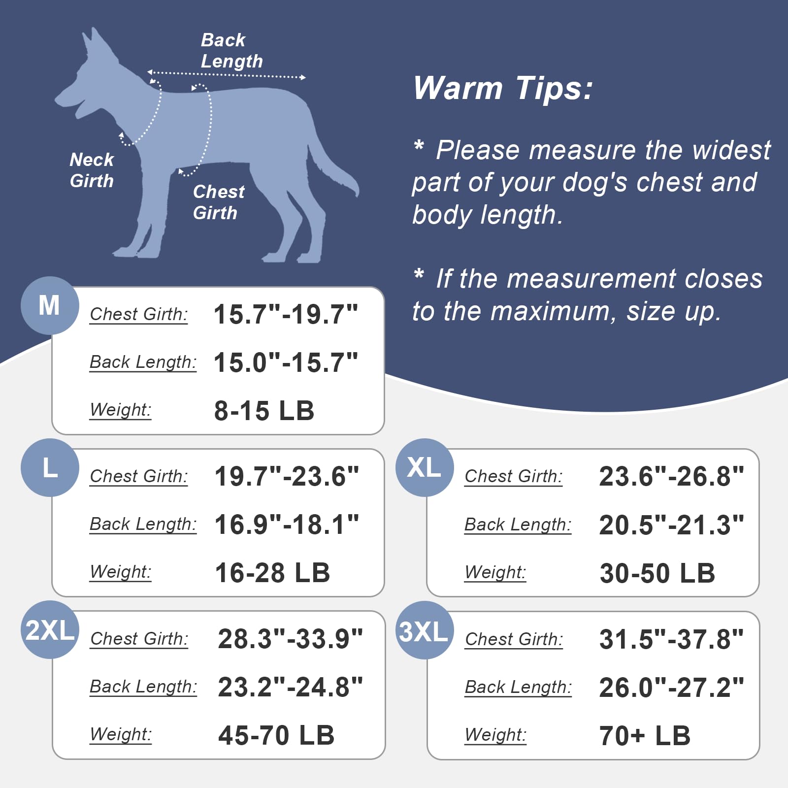 Guía de tallas Jiupety para medir al perro y elegir la talla.