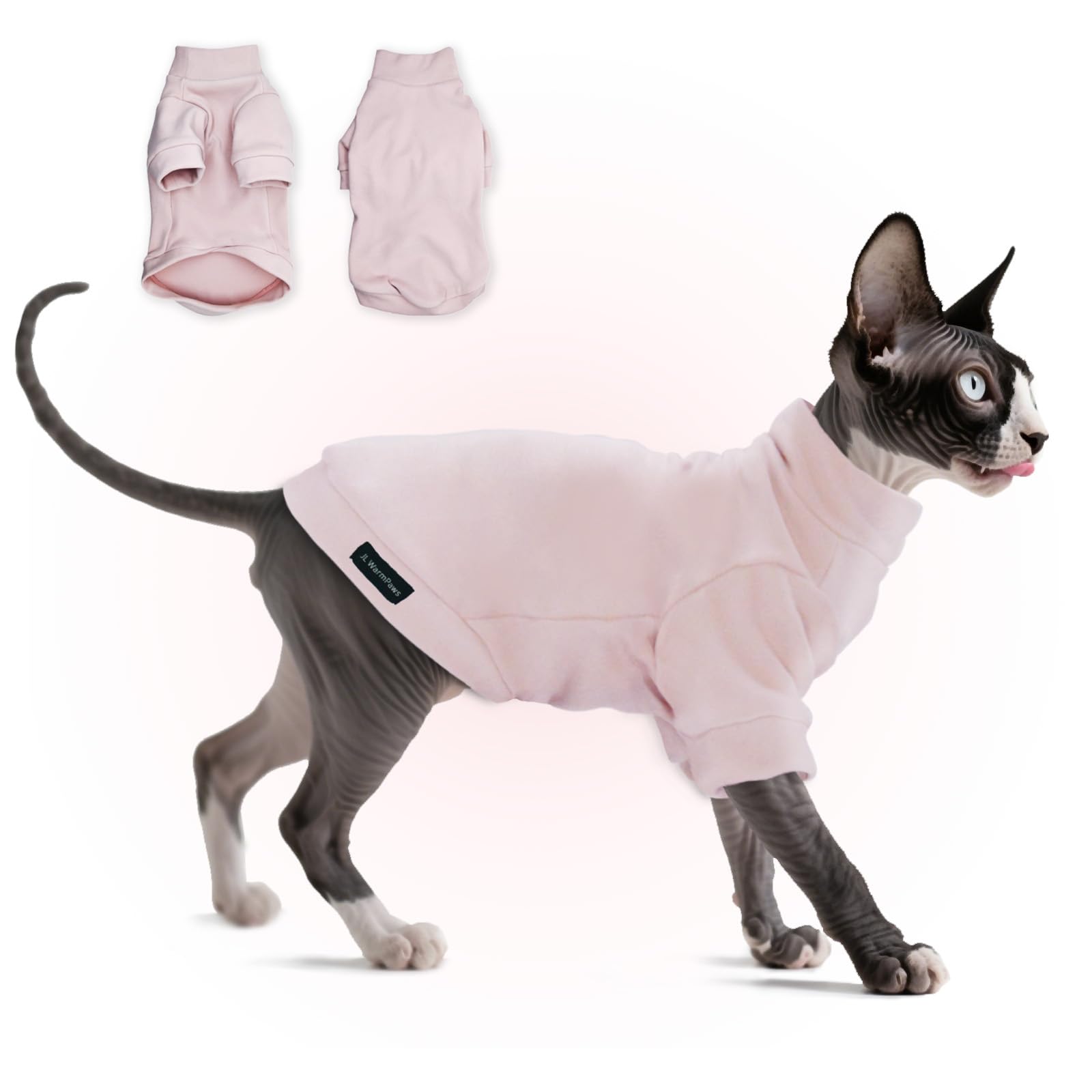 Gato Sphynx con el suéter de felpa JL WarmPaws, ajuste cómodo en la parte frontal