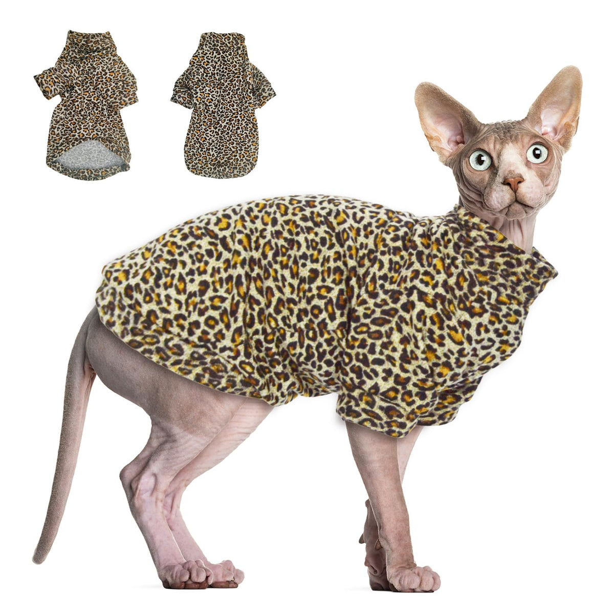 JL WarmPaws Sphynx Leopard Sweater frente, cómodo y cálido para uso diario.