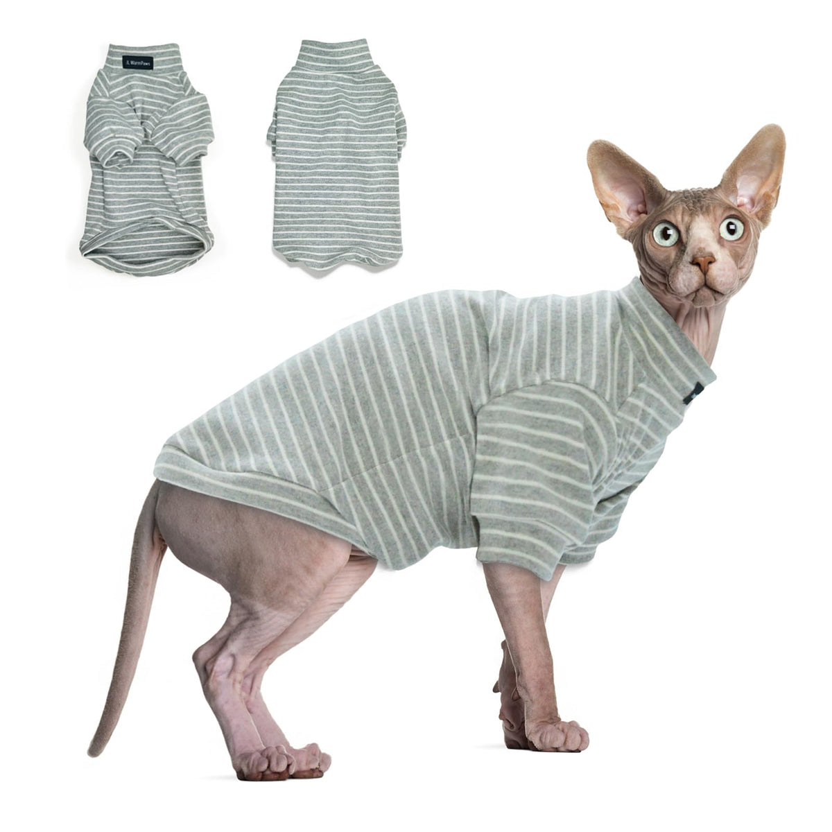 JL WarmPaws Sphynx Sweater rayas frontal, abrigo cálido para gato sin pelo