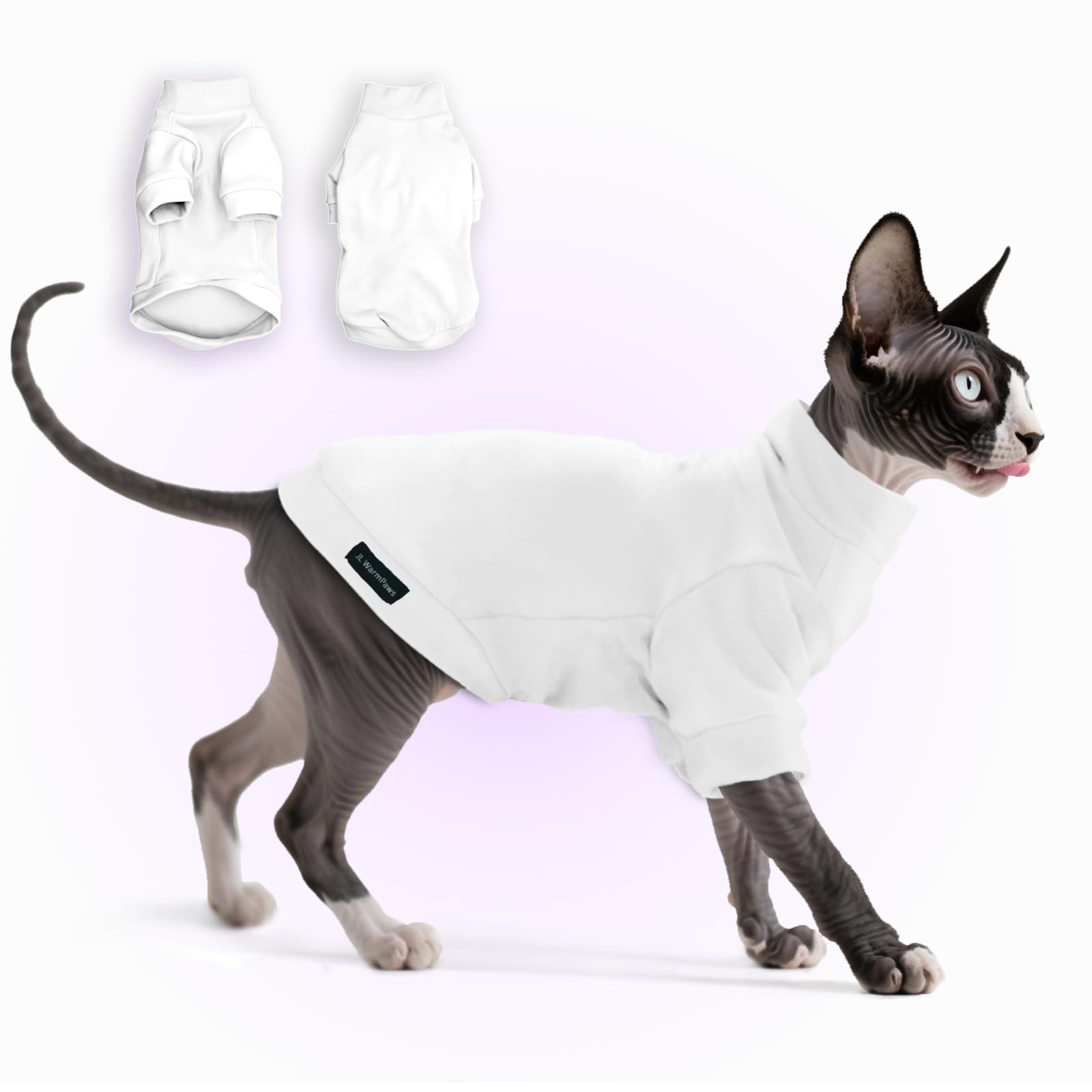 JL WarmPaws felpa suave para gato sin pelo en blanco, comodidad diaria.