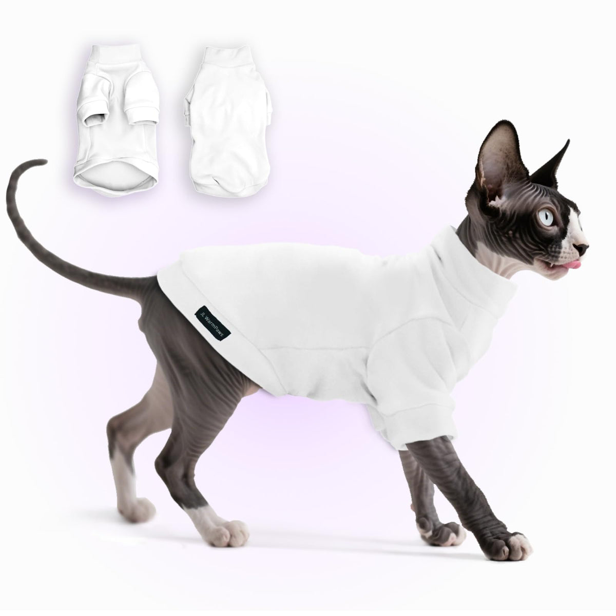 JL WarmPaws felpa suave para gato sin pelo en blanco, comodidad diaria.