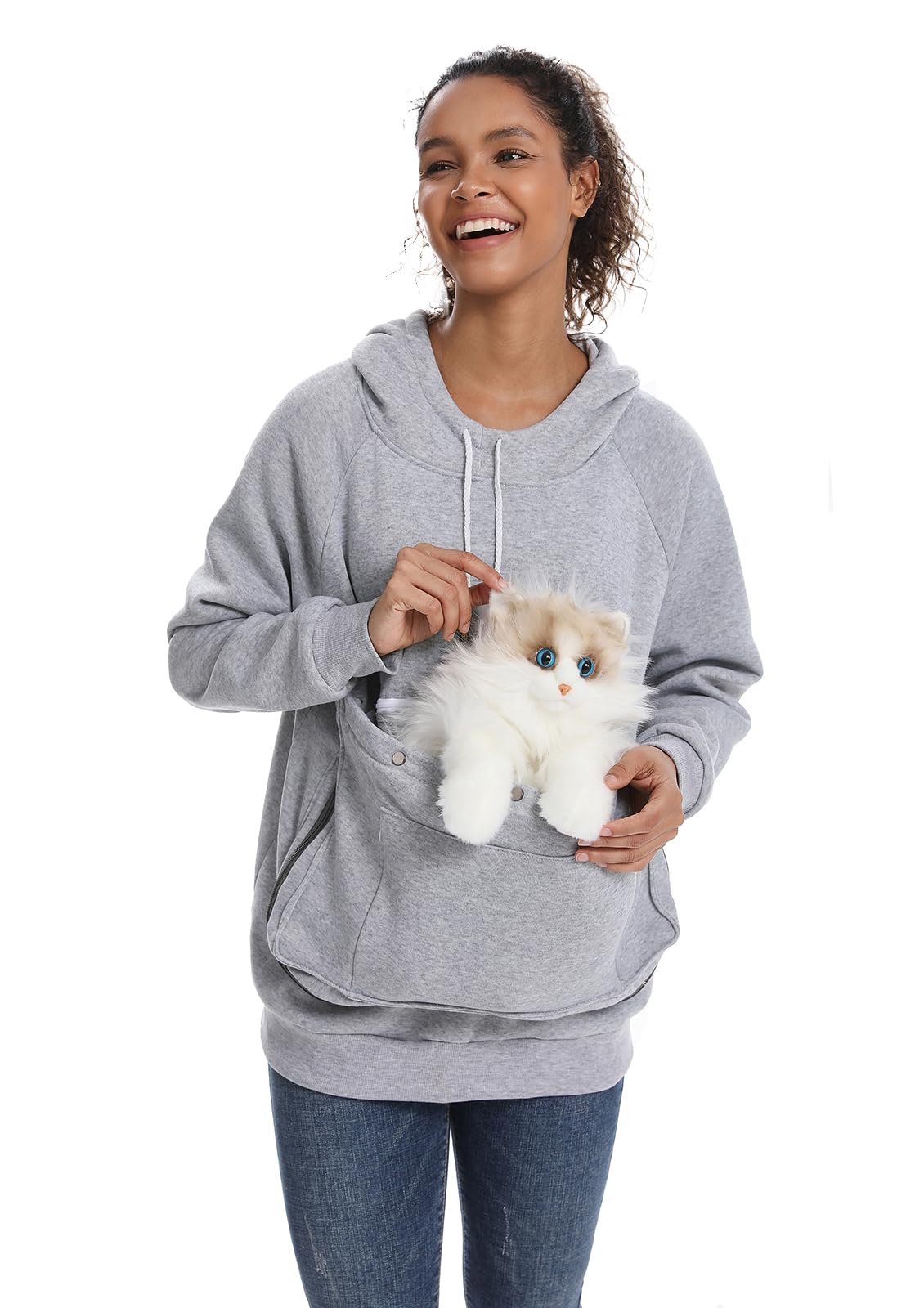 Sudadera JMOREDEEP con bolsa para gato en frente, ideal para llevar mascotas en casa.