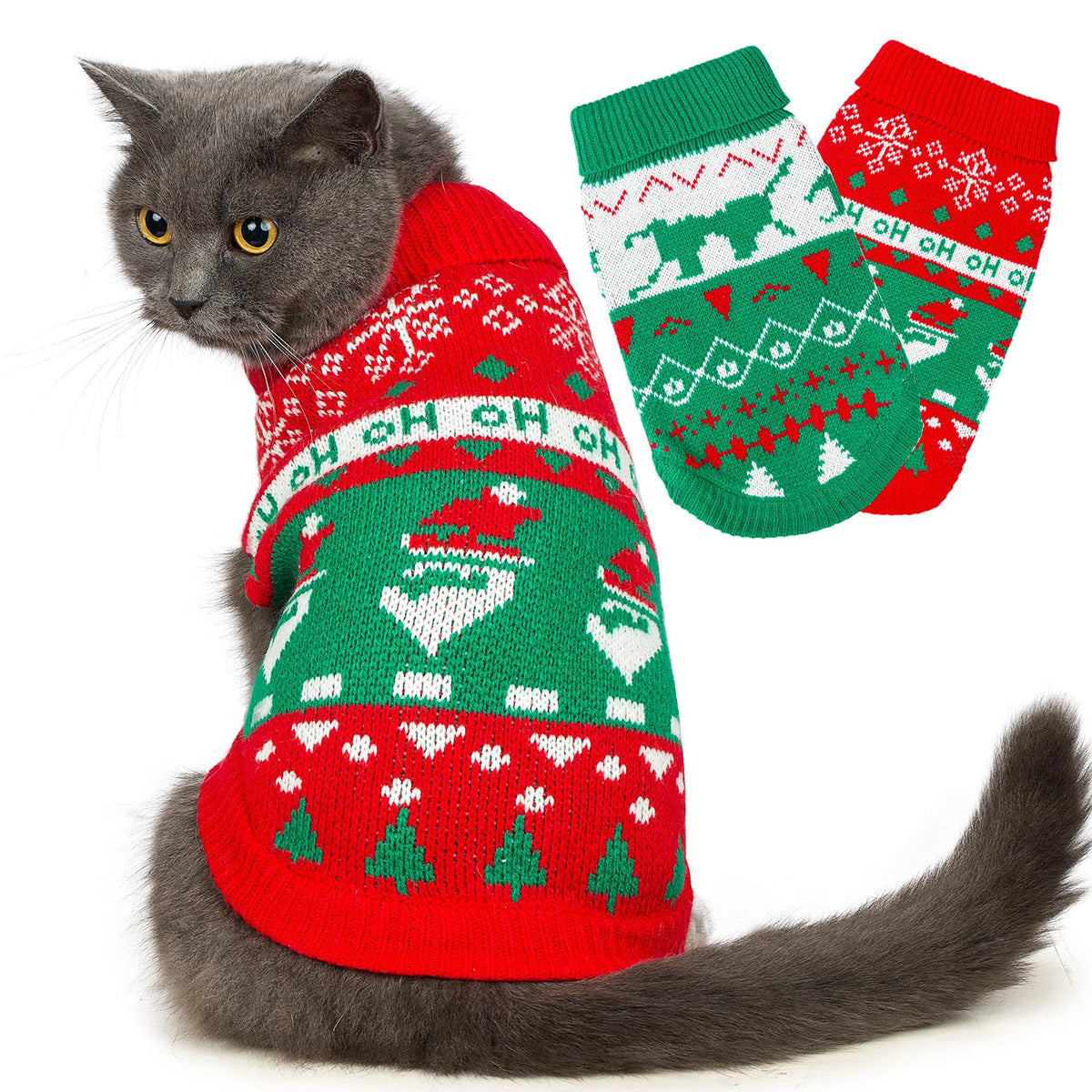 Sudadera navideña Jnancun para gato rojo, vista frontal y cómodo.