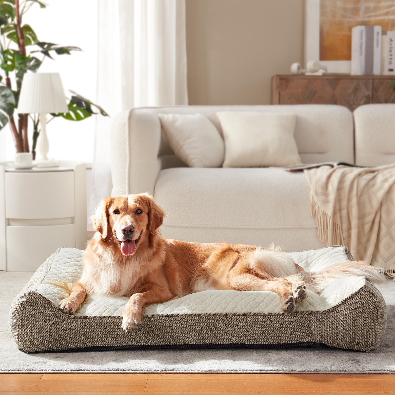 Uso en casa para perros grandes que buscan calor y soporte.