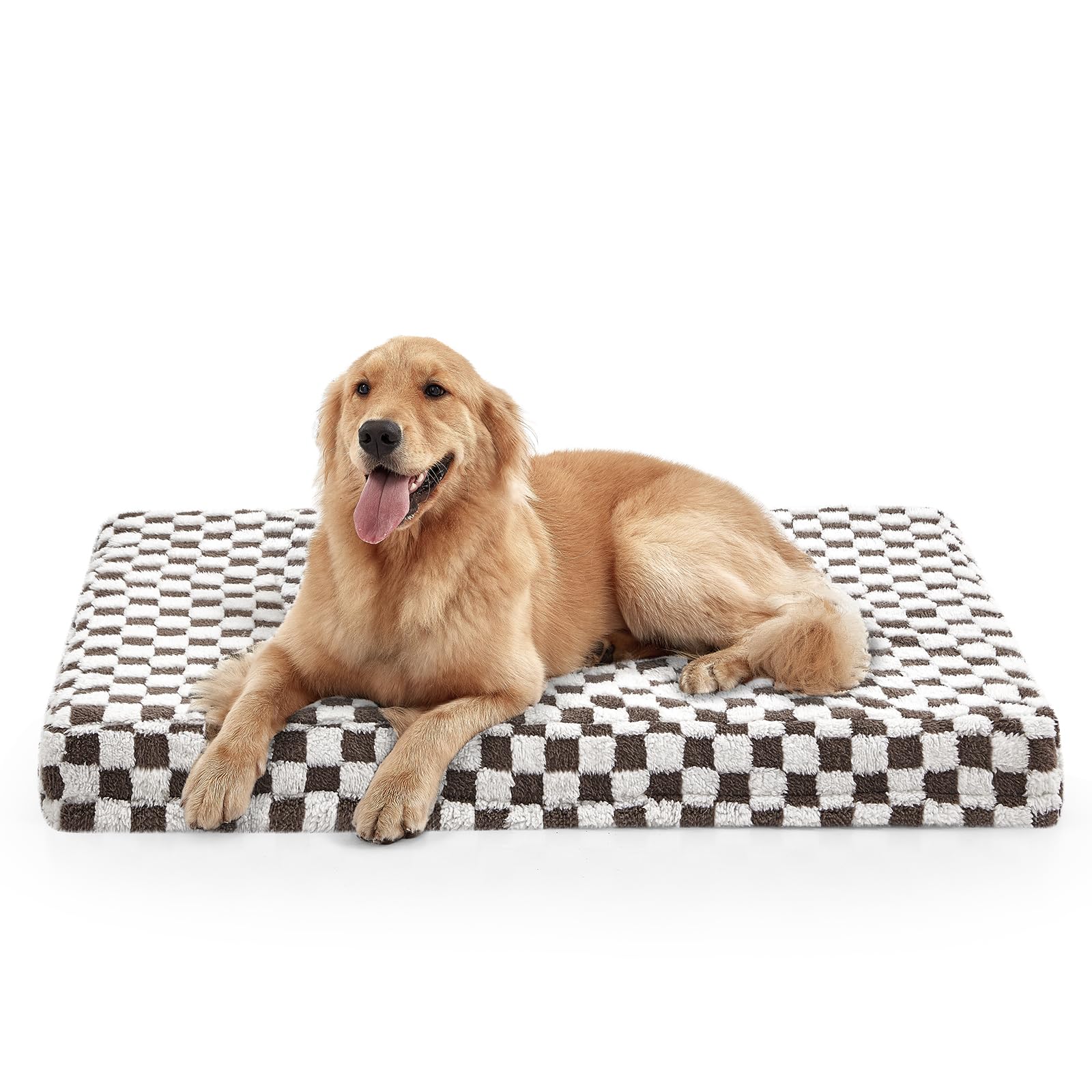 Cama JoeJoy para perros grandes con diseño de cuadros moderno y superficie suave.