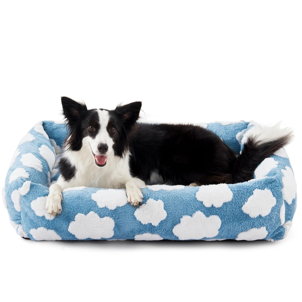 Cama JOEJOY para perro de tamaño medio en azul, descanso cómodo para cabeza y cuello.