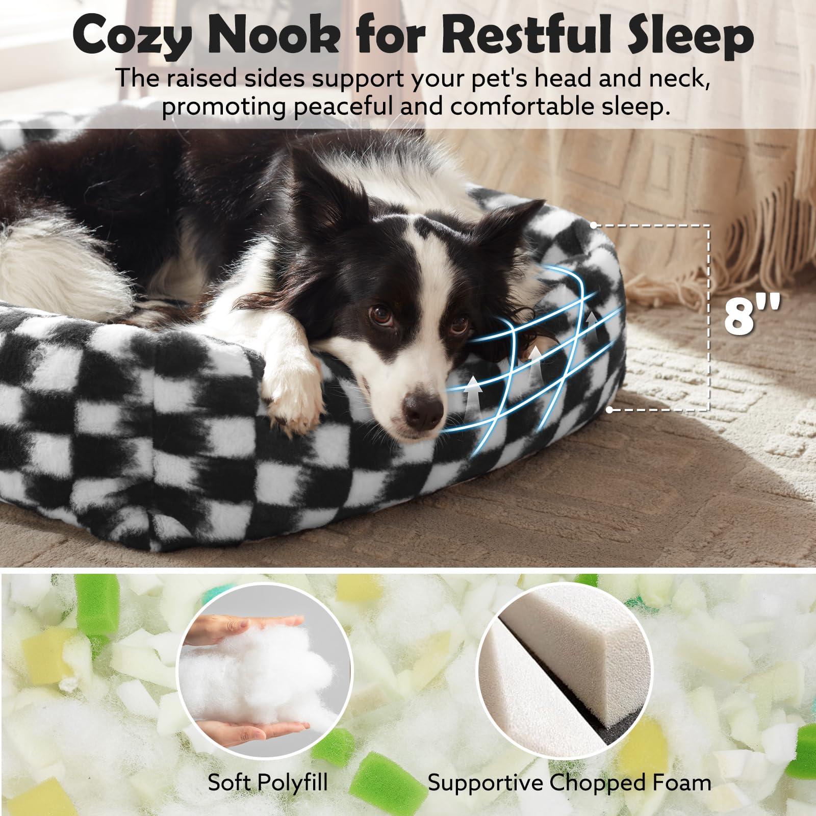 Superficie de felpa suave en la cama JOEJOY, experiencia cálida para tu perro.