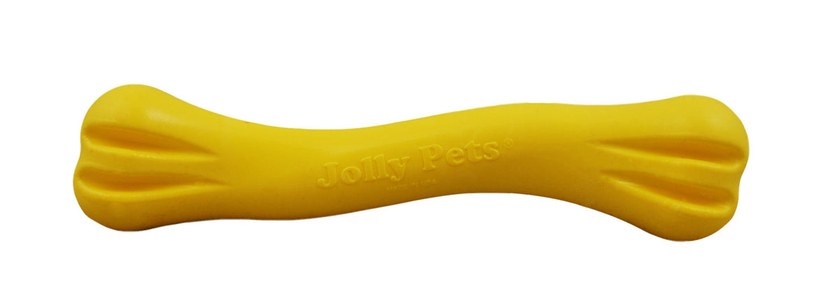 Jolly Pets Jolly Bone pequeño amarillo en vista frontal con enfoque en juego seguro