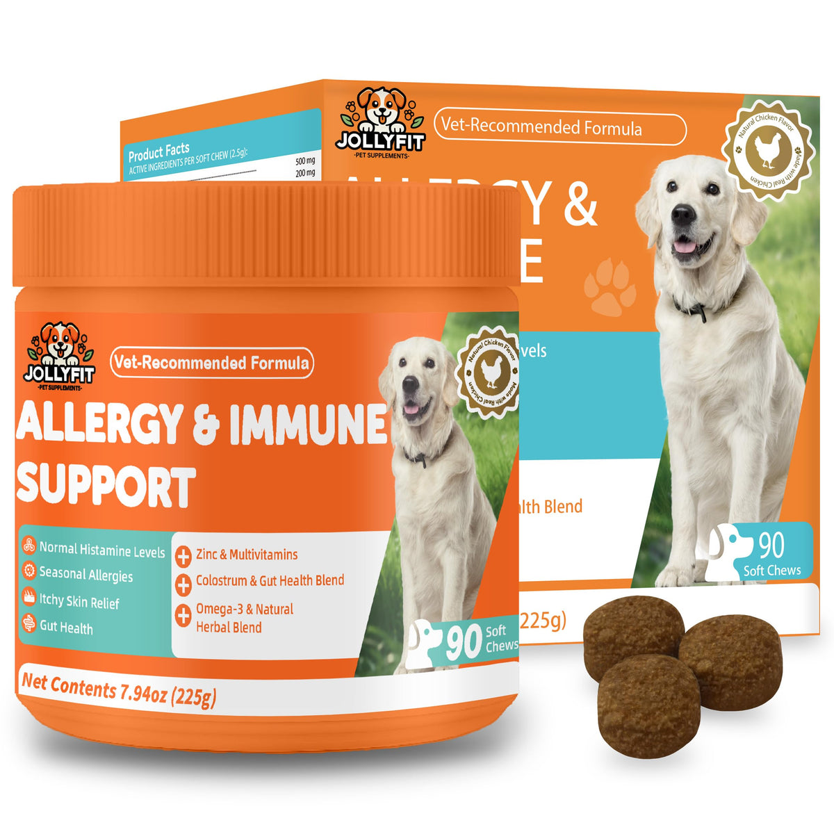 Jollyfit masticables alergia-perro sabor pollo: alivio suave del picor y apoyo diario.