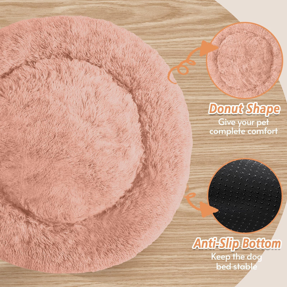 JOLLYVOGUE calming donut bed fluffy faux fur close-up underscores ultra-soft texture