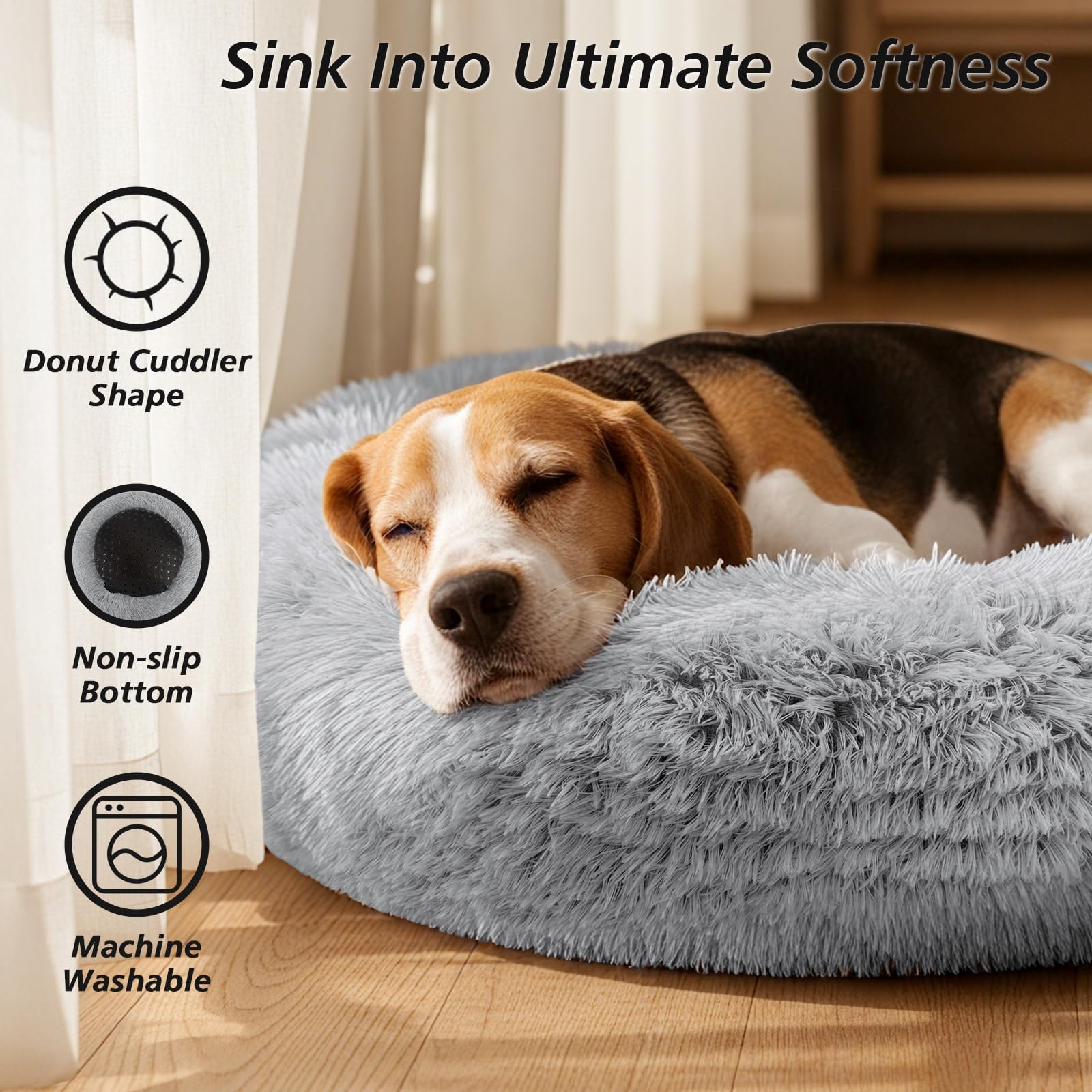 Cama donut JOLLYVOGUE con interior cálido para descanso seguro.
