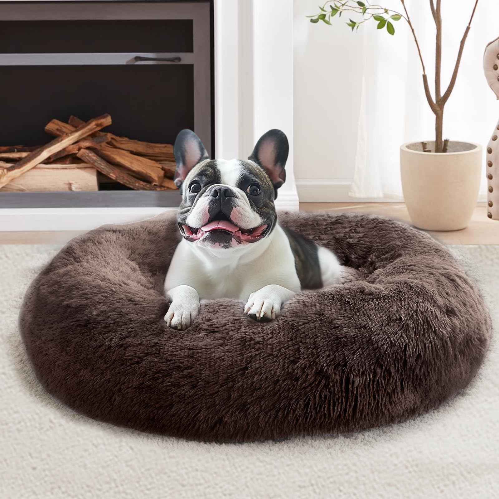 Cama para perro JOLLYVOGUE, forma circular con pelo sintético suave para descanso cómodo