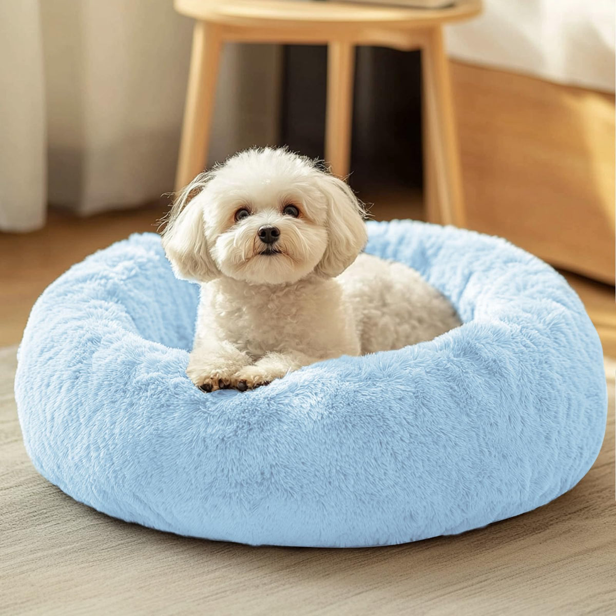 Cama JOLLYVOGUE para perros y gatos, forma rosquilla suave para descanso cómodo.