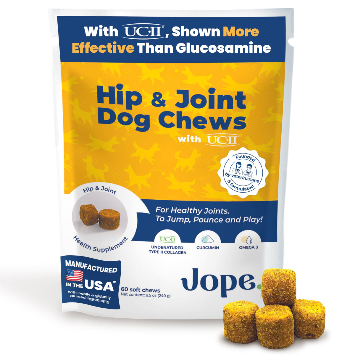 Jope muestra la botella y el empaque para apoyar la movilidad de perros.
