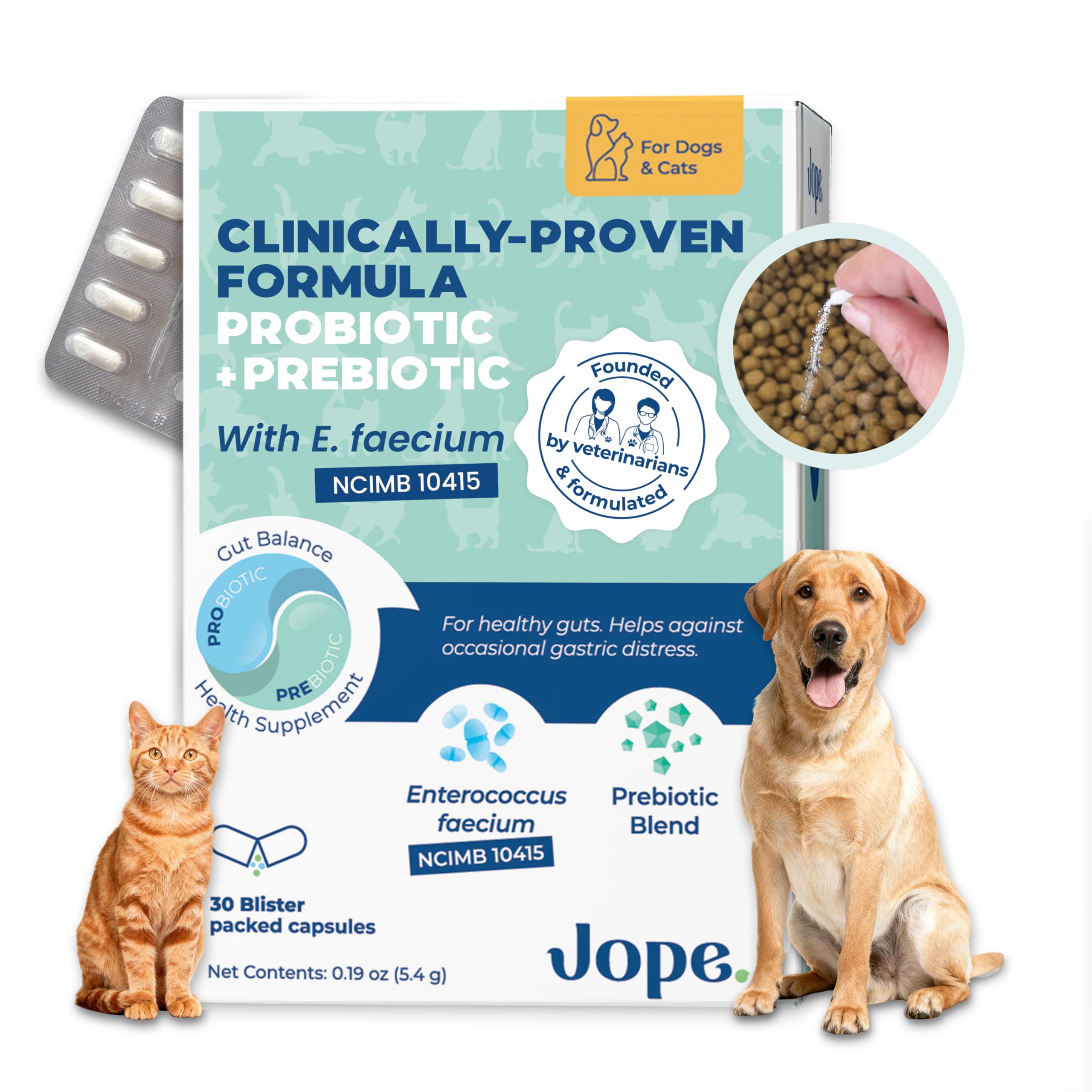 Jope Synbiotic GB-01: frasco de cápsulas para apoyar la salud digestiva de perros y gatos.
