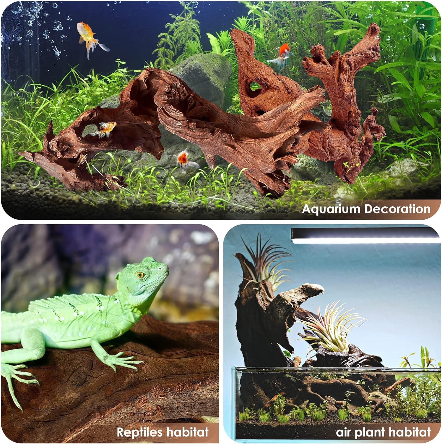 Jorewood madera flotante sin químicos, seguro para vida acuática y reptiles.