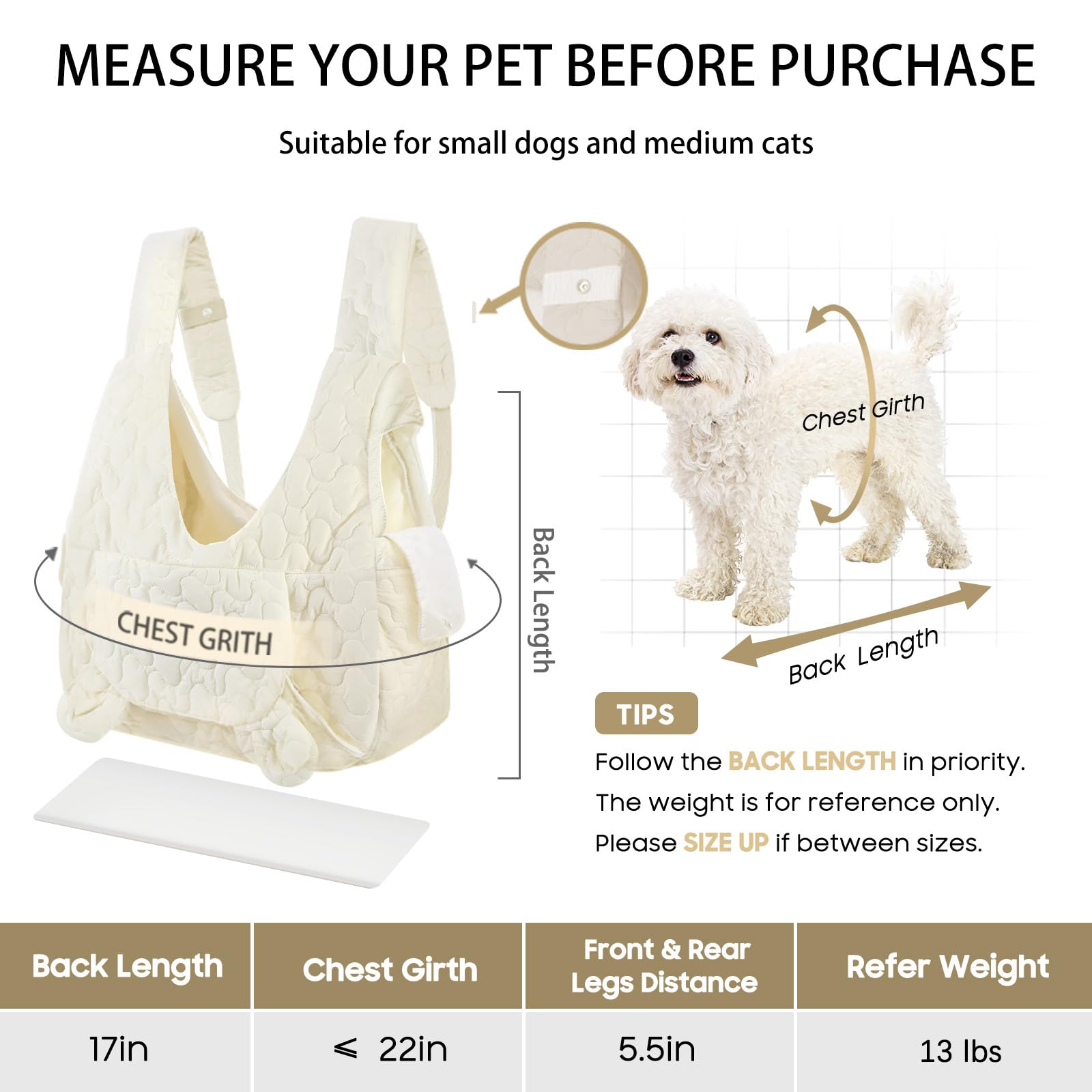 JourCraf Mochila portamascotas, enfoque en dimensiones para ajustar el confort de la mascota y del usuario.