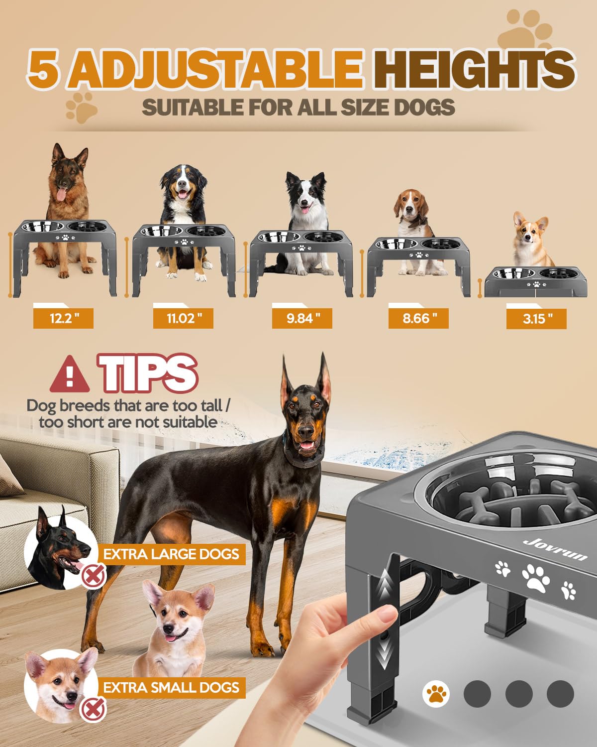 Jovrun raised dog feeder stand with dishwasher safe bowls and easy clean setup