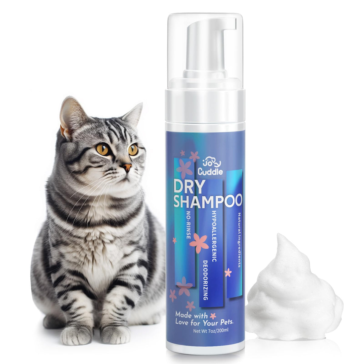 JOYCUDDLE champú para gatos sin agua, espuma precisa para limpieza rápida
