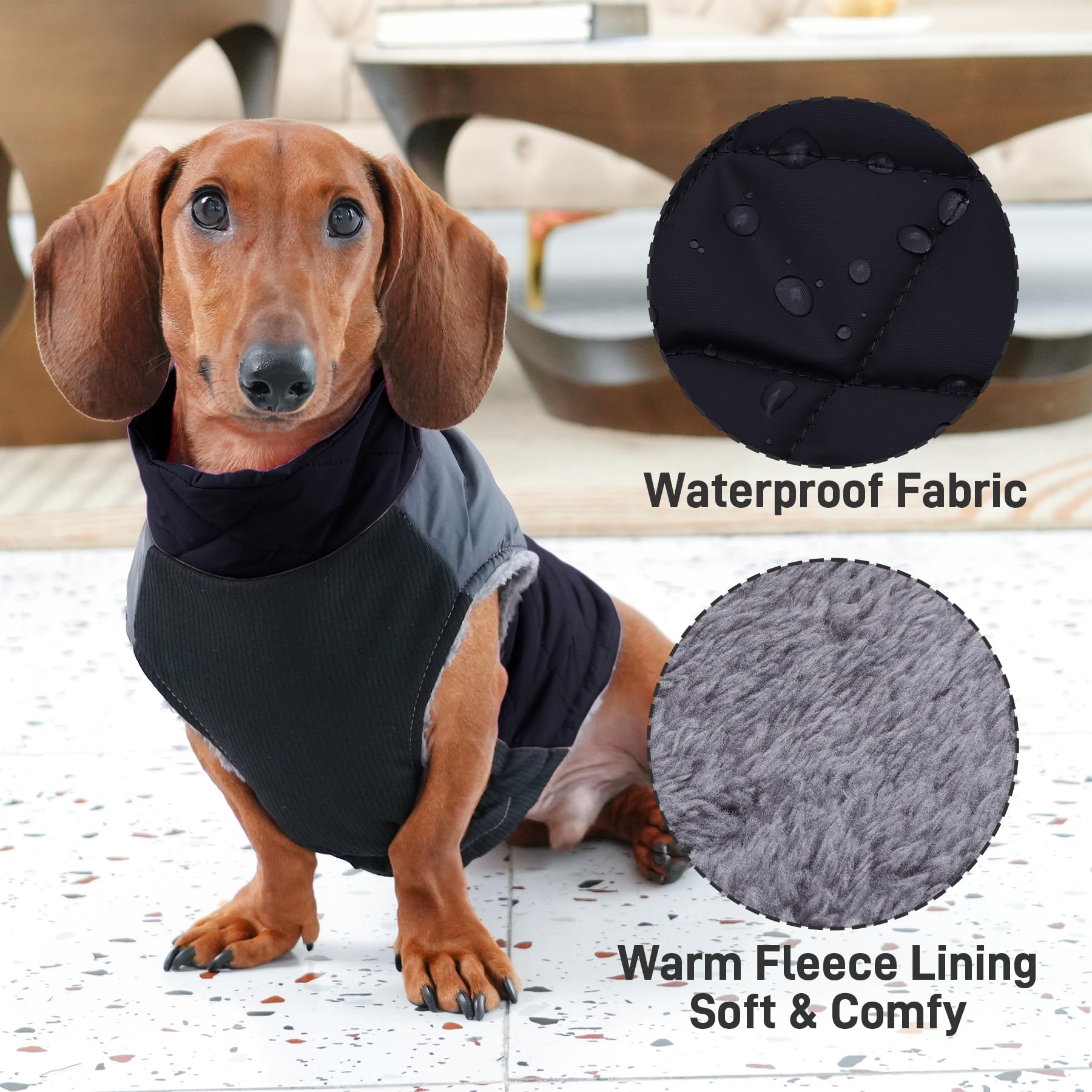 JoyDaog abrigo impermeable para perro con diseño en bloques de color negro gris.