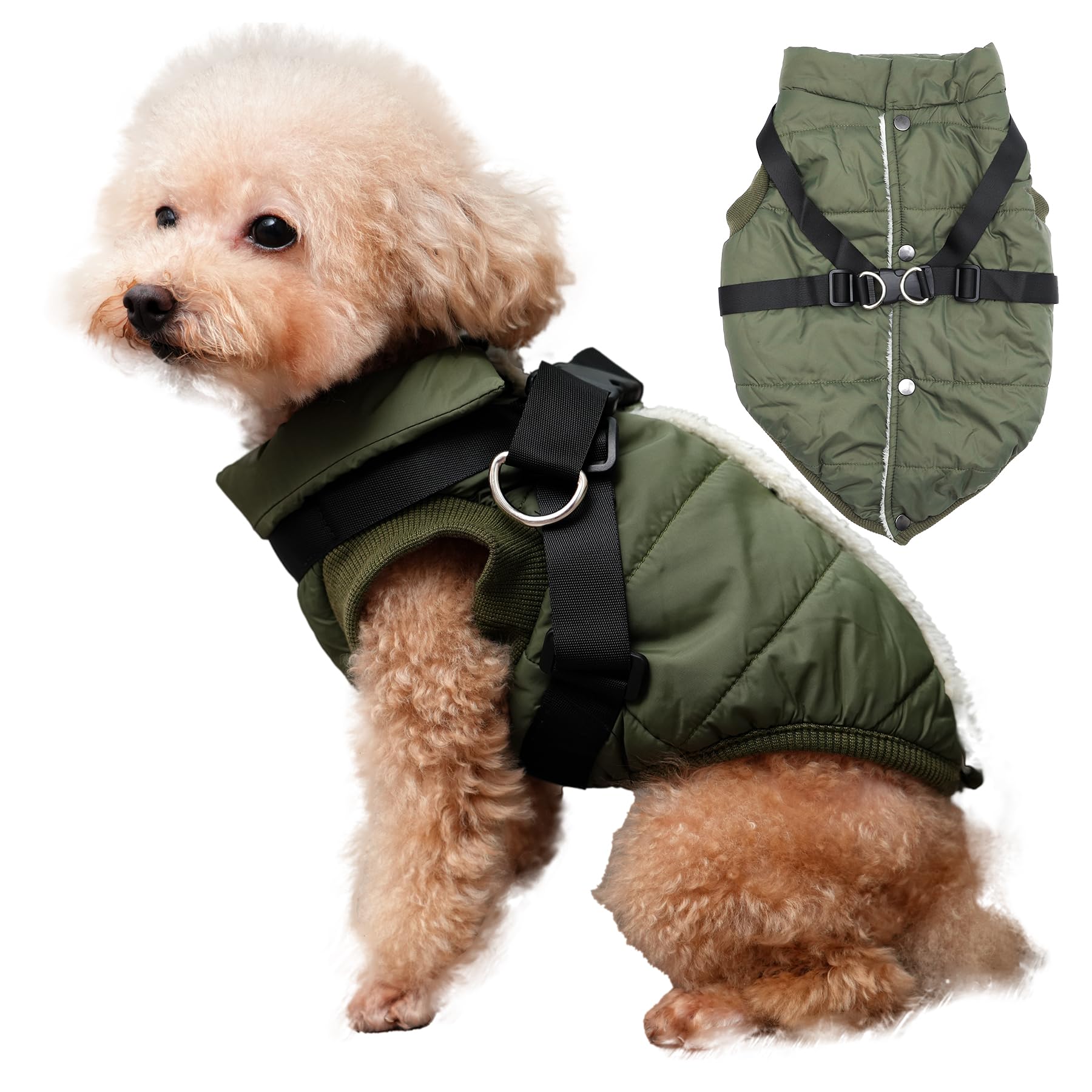 JoyDaog chaqueta para perro con arnés, vista frontal, seguridad y comodidad.