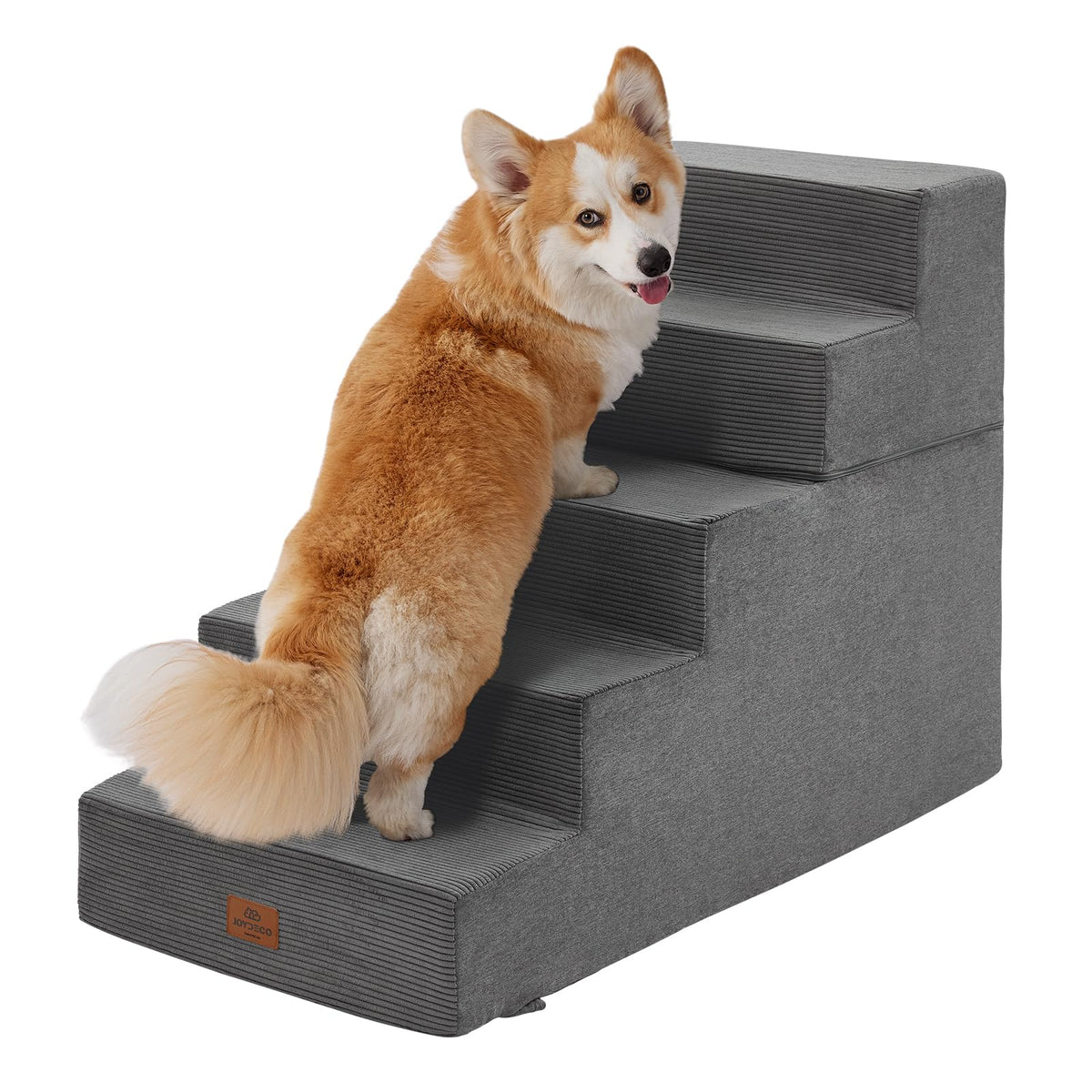 Joydeco escaleras para perro, vista frontal, facilitan subir a la cama sin esfuerzo.