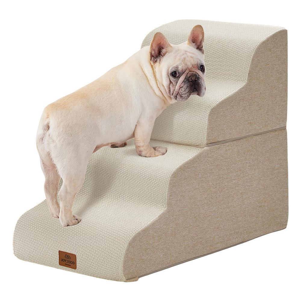 Joydeco escaleras para perro en cama 4 peldaños beige junto a la cama