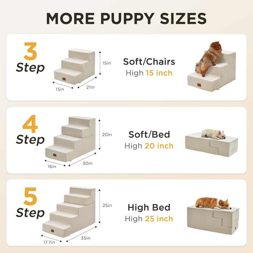 Joydeco escaleras para perros 5 pasos con funda lavable y limpieza sencilla.