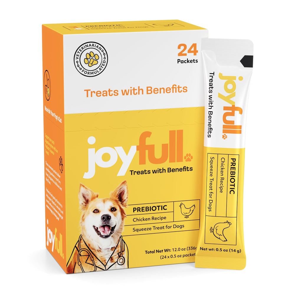 JoyFull Pollo Squeeze Treats en empaque práctico para snack diario