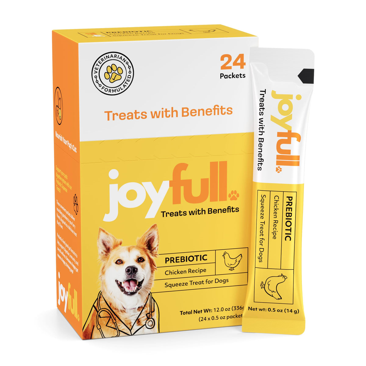 JoyFull Pollo Squeeze Treats en empaque práctico para snack diario