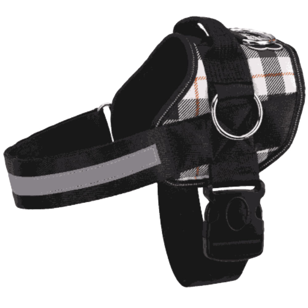 Arnés Joyride Basic en cuadros blancos, ajuste cómodo para paseos diarios sin tirones.