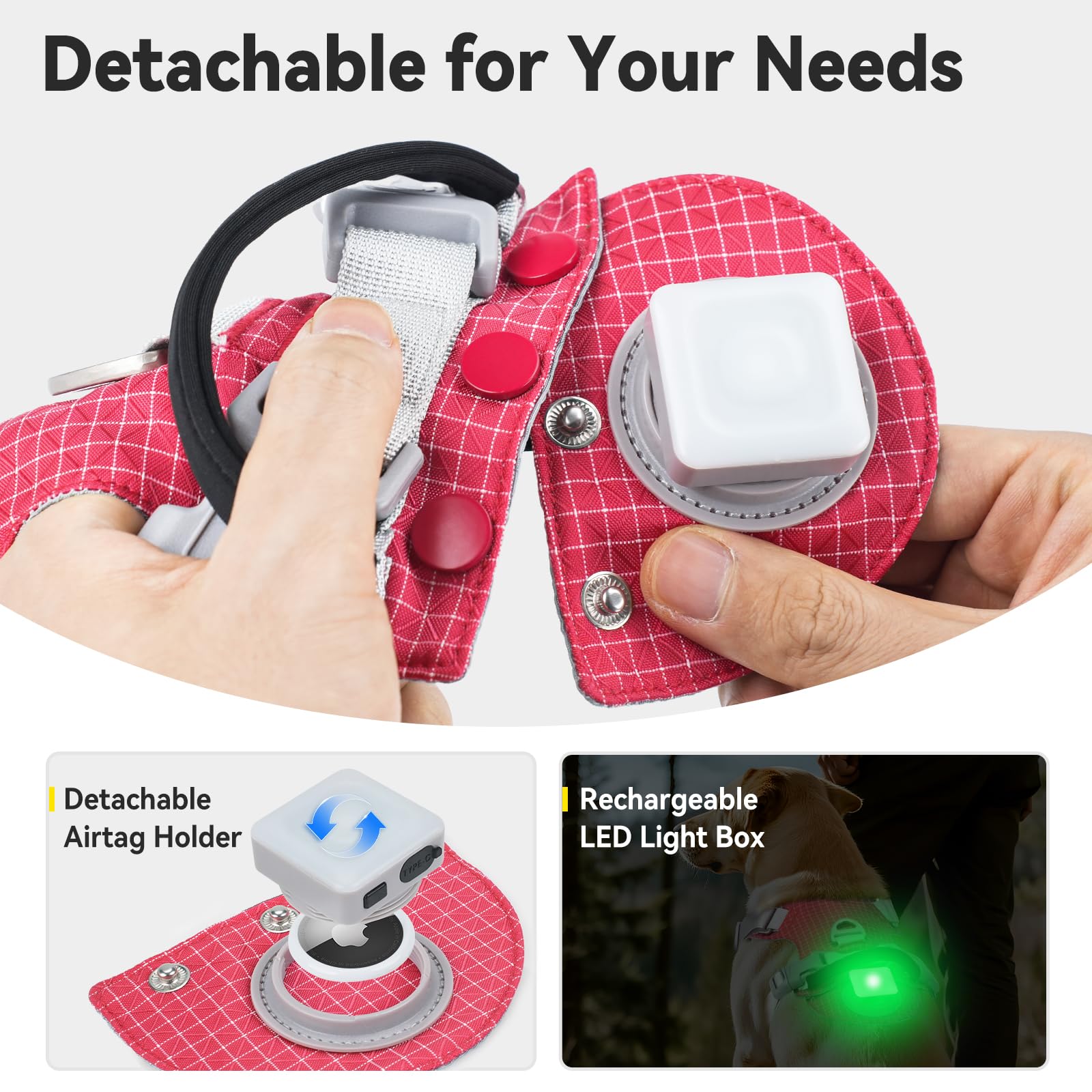 Joytale arnés AirTag destachable, facilita rastreo seguro durante salidas al aire libre.