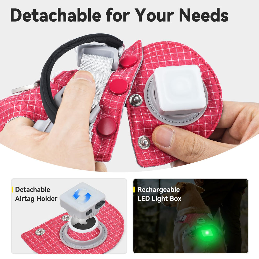 Joytale arnés AirTag destachable, facilita rastreo seguro durante salidas al aire libre.