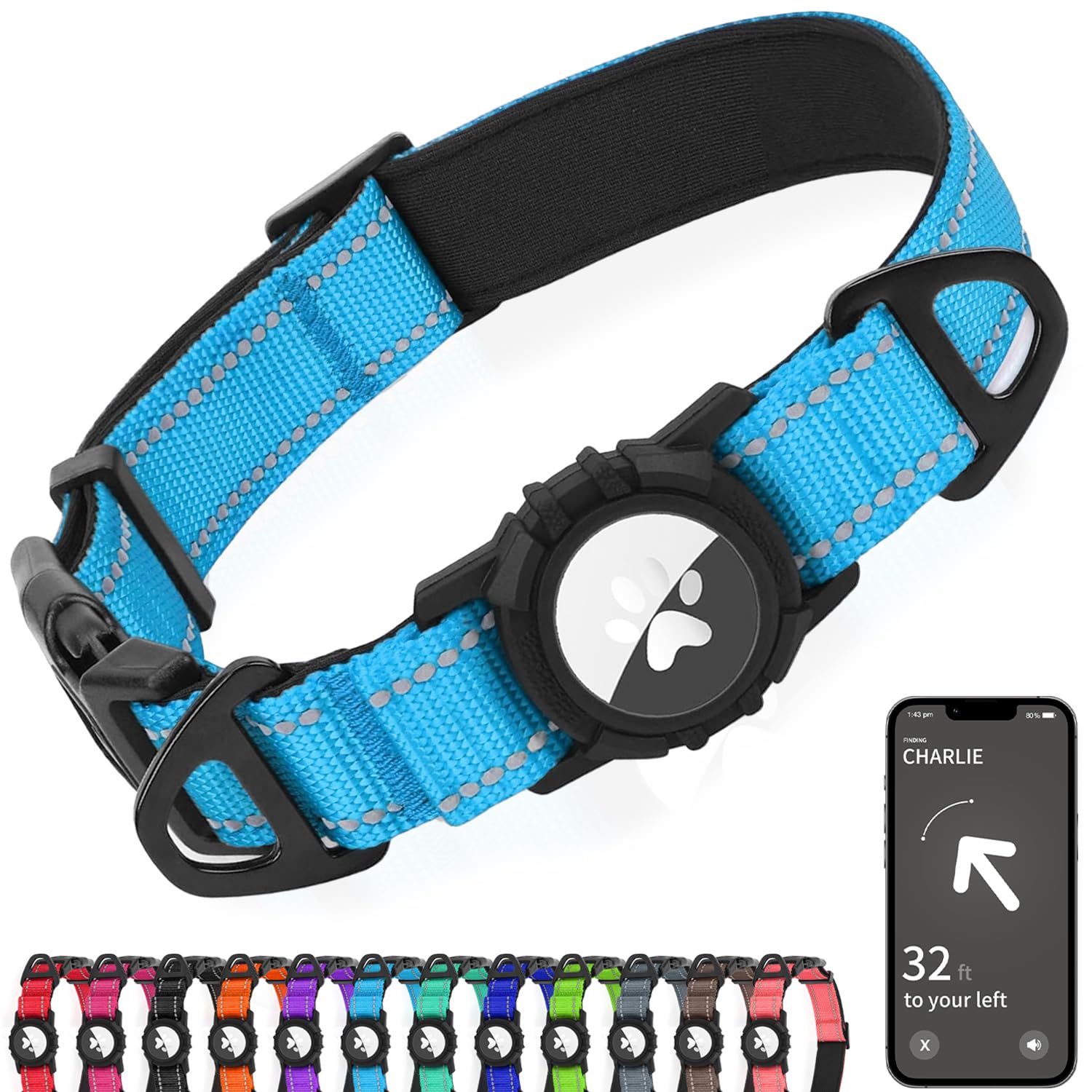 Collar Joytale con AirTag azul cielo, visible durante paseos nocturnos