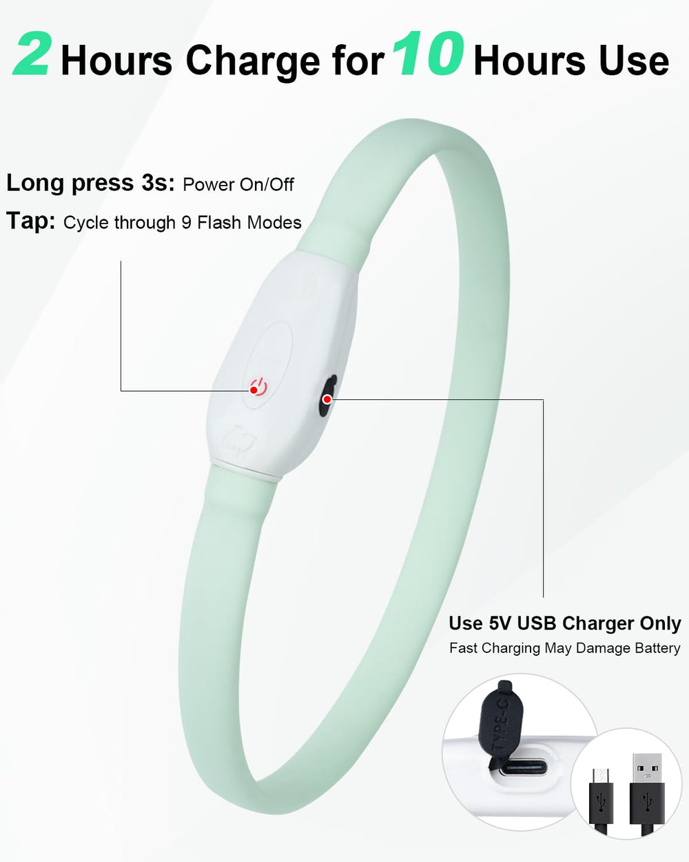Collar Joytale con carga rápida USB-C para salidas prolongadas.