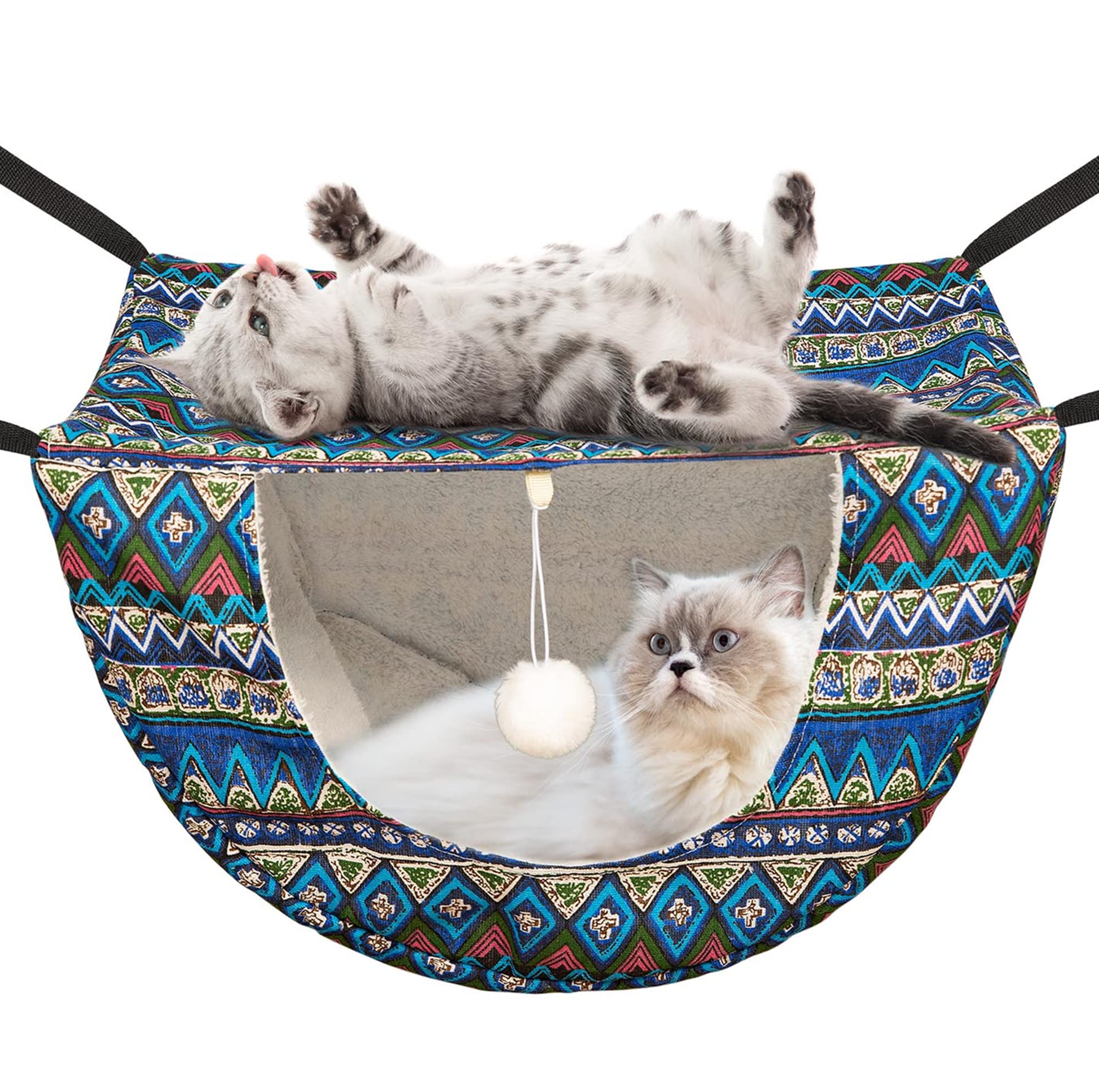 JSPYFITS hamaca para gatos de doble capa con bola, ideal para juego y descanso.