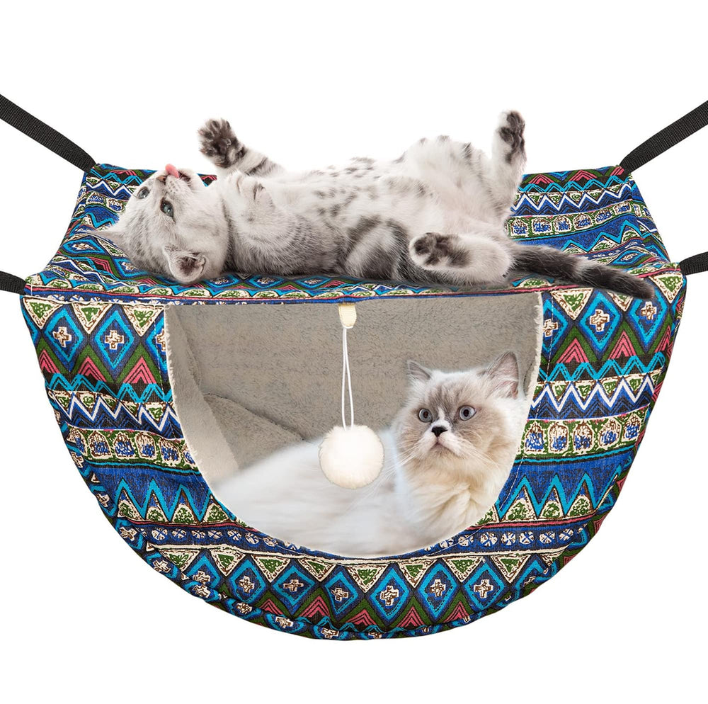 JSPYFITS hamaca para gatos de doble capa con bola, ideal para juego y descanso.