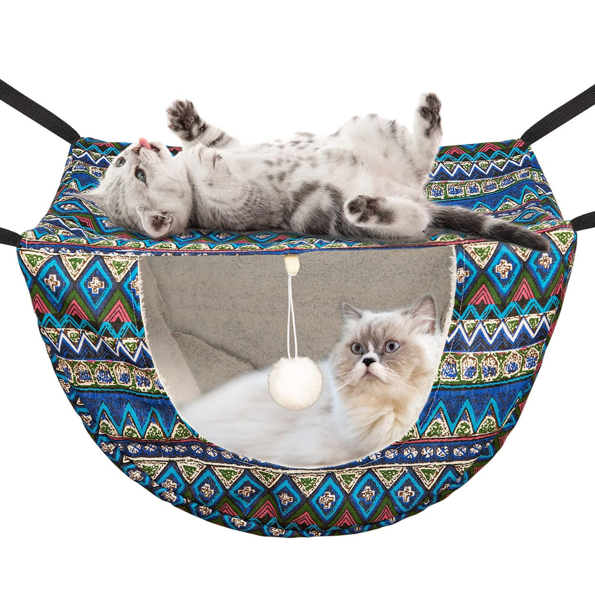 JSPYFITS hamaca para gatos de doble capa con bola, ideal para juego y descanso.