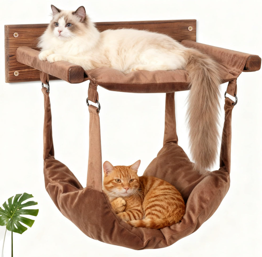 JSPYFITS hamaca de gato montada en pared con madera estable para reposo.