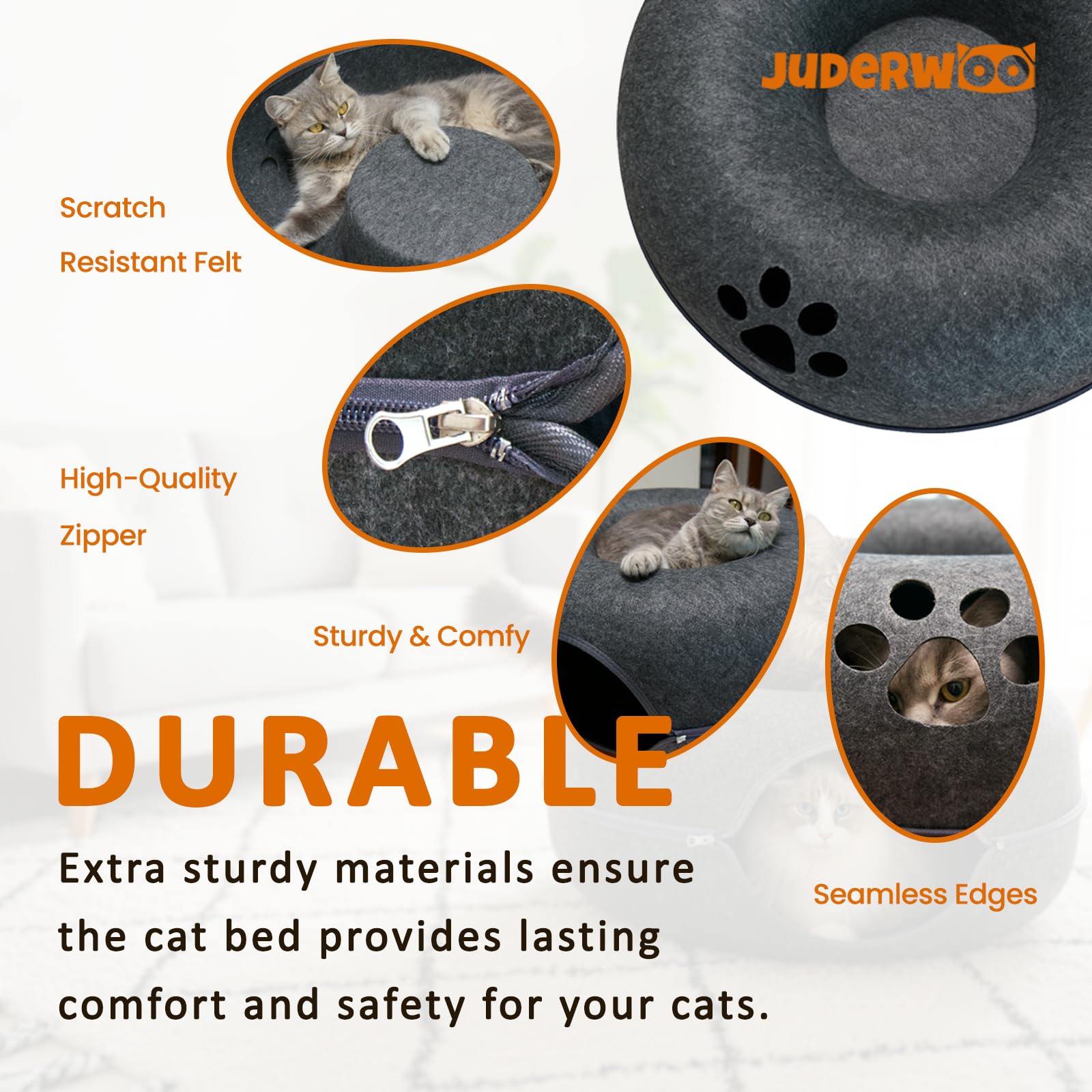 JUDERWOO Cama Donut Gato: fieltro eco amigable que resiste arañazos.