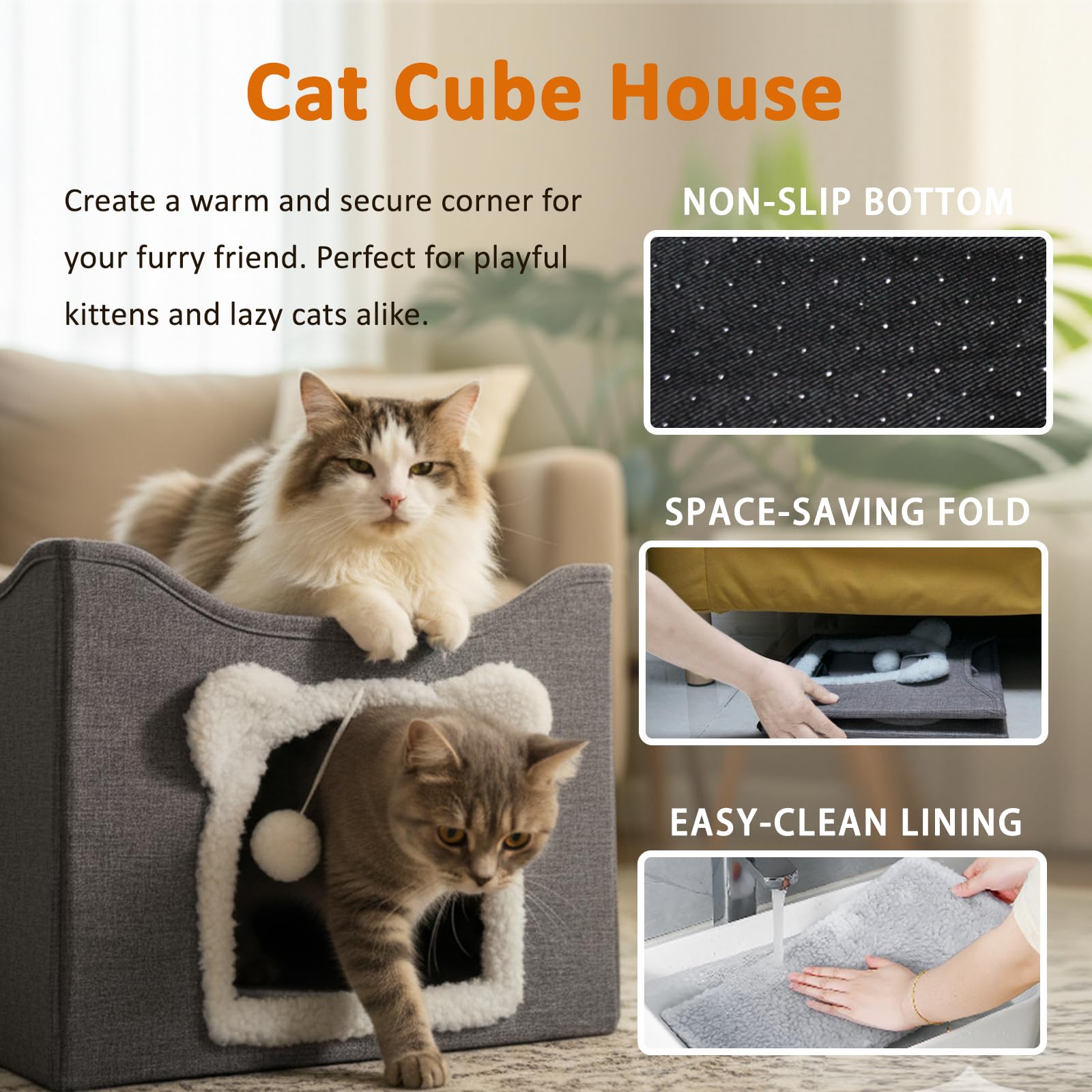 JUDERWOO cat house hanging fluffy ball for interactive play.