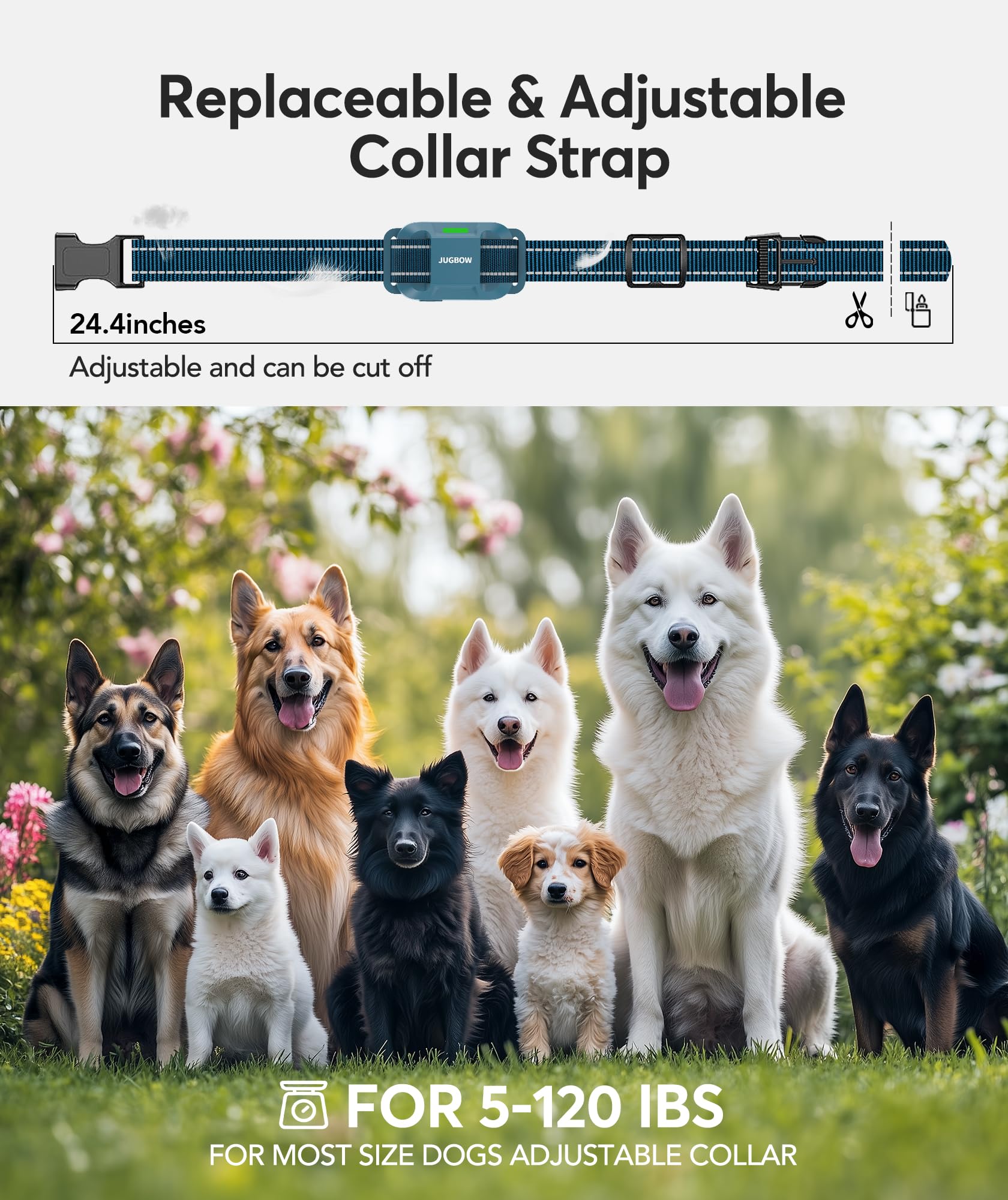 Jugbow collar con batería de larga duración y carga rápida para menos recargas.