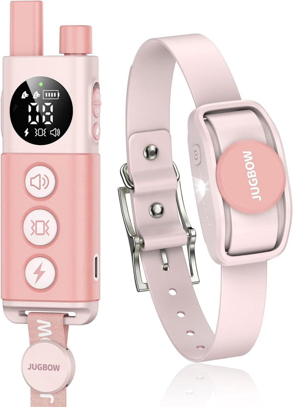 Collar de entrenamiento Jugbow rosa con luz indicadora para localizar al perro en paseos nocturnos.