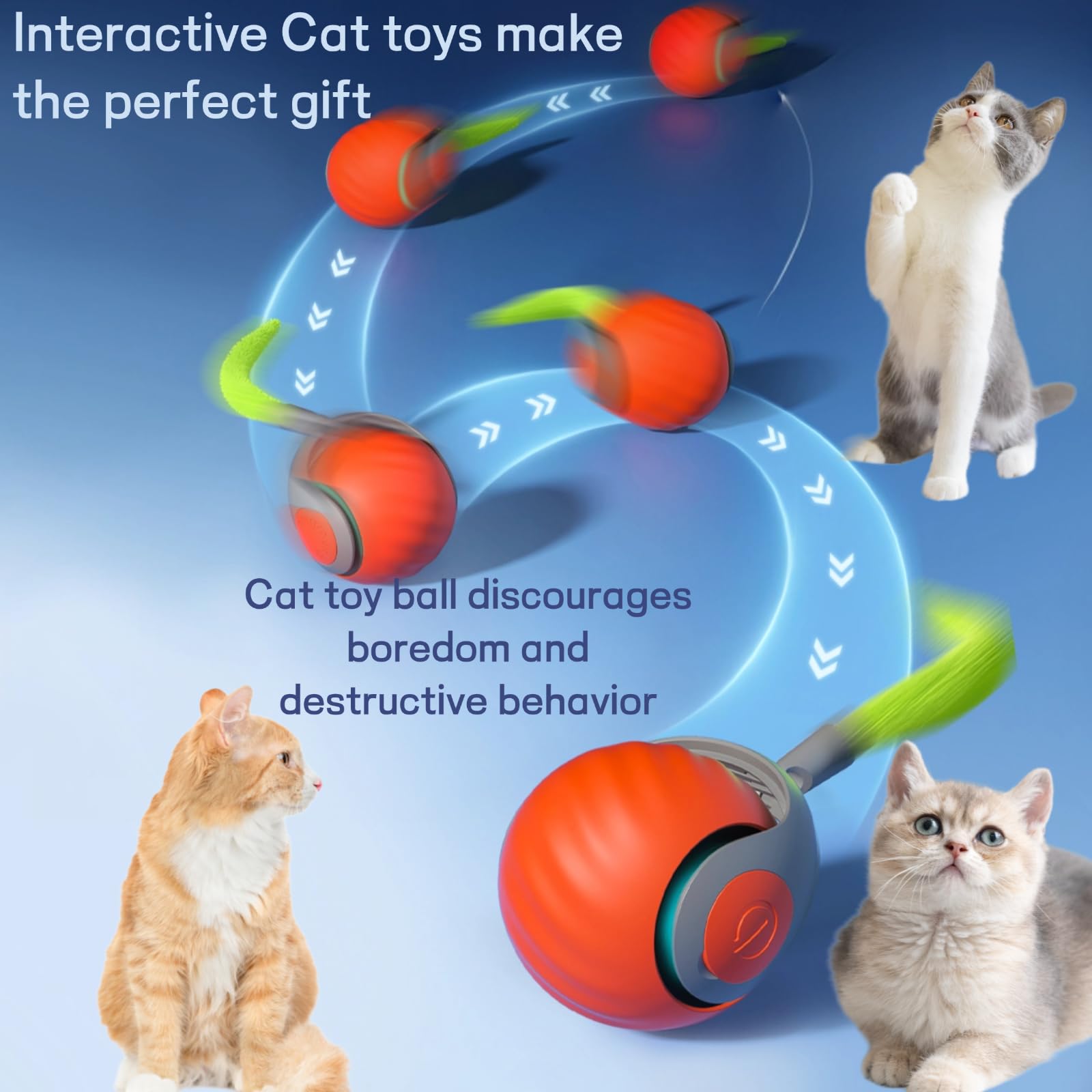 Juguete gato automovible con cola naranja, perfecto para curiosos.