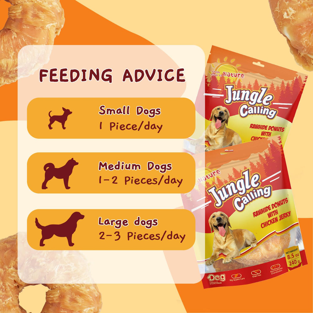 Donas de piel cruda Jungle Calling, tamaño 4 pulgadas adecuado para perros medianos y grandes