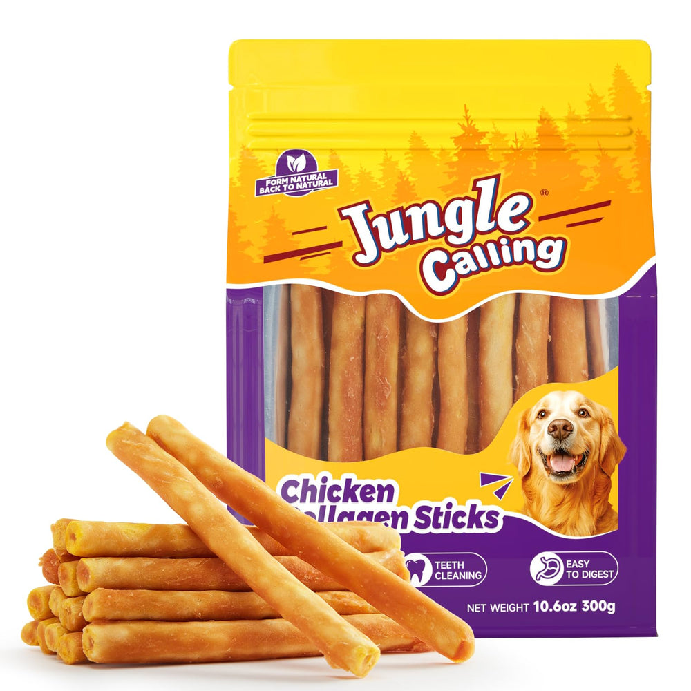 Jungle Calling palitos de colágeno para perros en empaque práctico, ayuda a la higiene dental.